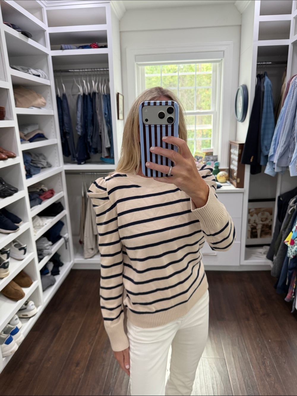 Striped Puff-Sleeve Crewneck Sweater S - Cream/Navy